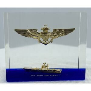 1960s Guest Secretary Navy Fly with Fleet Acrylic Paperweight Wings Ship Lucite